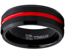 Men's Titanium Ring Wedding Band, Black and Red Plated Brushed Engagement Ring, Grooved, Comfort Fit 7-13