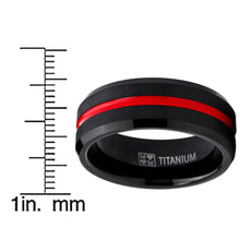 Men's Titanium Ring Wedding Band, Black and Red Plated Brushed Engagement Ring, Grooved, Comfort Fit 7-13