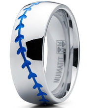 Titanium Sports Baseball Ring Wedding Band with Blue Stitching, Comfort Fit, Dome High Polish Finish 8mm Sizes 8 to 13