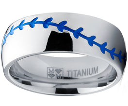 Titanium Sports Baseball Ring Wedding Band with Blue Stitching, Comfort Fit, Dome High Polish Finish 8mm Sizes 8 to 13