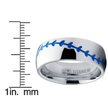 Titanium Sports Baseball Ring Wedding Band with Blue Stitching, Comfort Fit, Dome High Polish Finish 8mm Sizes 8 to 13