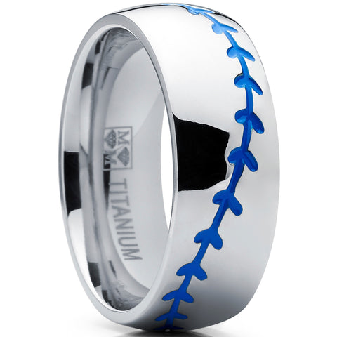 Titanium Sports Baseball Ring Wedding Band with Blue Stitching, Comfort Fit, Dome High Polish Finish 8mm Sizes 8 to 13