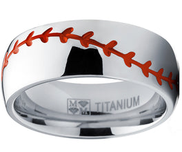 Titanium Sports Baseball Ring Wedding Band with Red Stitching, Comfort Fit, Dome High Polish Finish 8mm Sizes 8 to 13