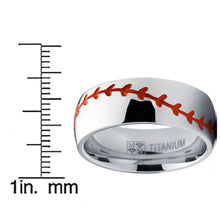 Titanium Sports Baseball Ring Wedding Band with Red Stitching, Comfort Fit, Dome High Polish Finish 8mm Sizes 8 to 13