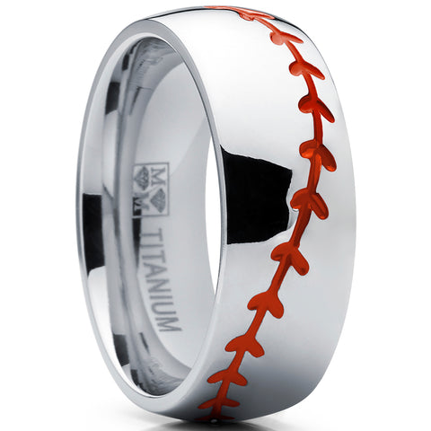 Titanium Sports Baseball Ring Wedding Band with Red Stitching, Comfort Fit, Dome High Polish Finish 8mm Sizes 8 to 13