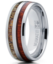 Men's Dome Titanium Ring Wedding Band with Real Deer Antler and Koa Wood Inlay, Outdoor Hunting, Comfort Fit