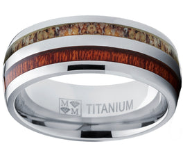 Men's Dome Titanium Ring Wedding Band with Real Deer Antler and Koa Wood Inlay, Outdoor Hunting, Comfort Fit