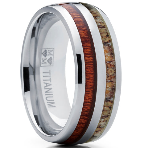 Men's Dome Titanium Ring Wedding Band with Real Deer Antler and Koa Wood Inlay, Outdoor Hunting, Comfort Fit