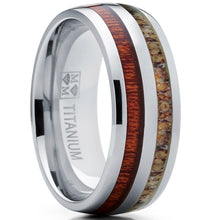 Men's Dome Titanium Ring Wedding Band with Real Deer Antler and Koa Wood Inlay, Outdoor Hunting, Comfort Fit