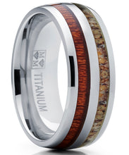 Men's Dome Titanium Ring Wedding Band with Real Deer Antler and Koa Wood Inlay, Outdoor Hunting, Comfort Fit