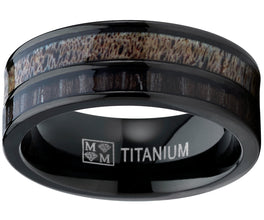 Men's Titanium Ring Wedding Band with Real Deer Antler, Koa Wood Inlay, Outdoor Hunting