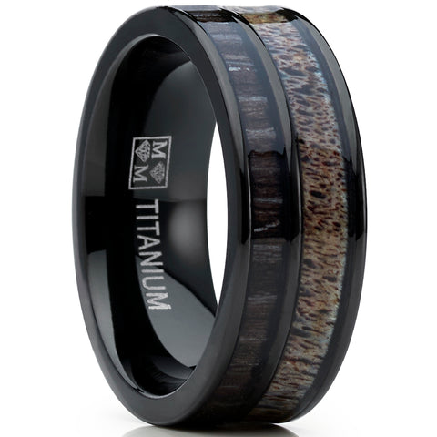 Men's Titanium Ring Wedding Band with Real Deer Antler, Koa Wood Inlay, Outdoor Hunting