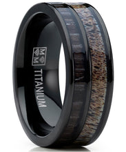 Men's Titanium Ring Wedding Band with Real Deer Antler, Koa Wood Inlay, Outdoor Hunting