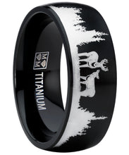 Men's Black Outdoor Hunting Titanium Ring Wedding Band with Laser Etched Deer Stag Scene 8mm