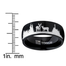 Men's Black Outdoor Hunting Titanium Ring Wedding Band with Laser Etched Deer Stag Scene 8mm