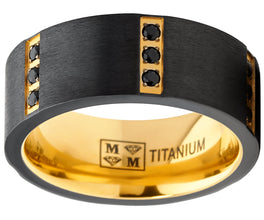 Men's Black Zirconium Wedding Band With Gold Tone Plating and Black Cubic Zirconia CZ Comfort Fit 8mm