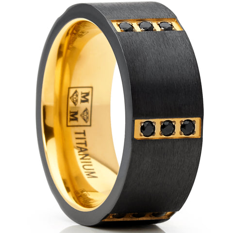 Men's Black Zirconium Wedding Band With Gold Tone Plating and Black Cubic Zirconia CZ Comfort Fit 8mm