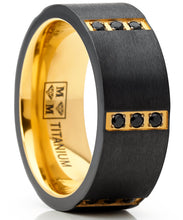Men's Black Zirconium Wedding Band With Gold Tone Plating and Black Cubic Zirconia CZ Comfort Fit 8mm