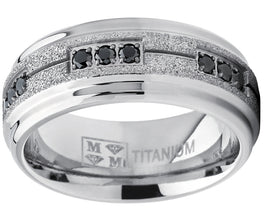 Men's Titanium Black Trinity Cubic Zirconia Ring Wedding Band With Shimmer Finish 8mm Comfort Fit