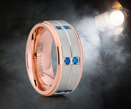 Men's Rose Gold Tone Titanium Wedding Band Ring with Blue Cubic Zirconia Comfort Fit 9mm