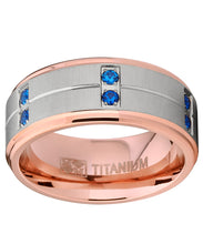 Men's Rose Gold Tone Titanium Wedding Band Ring with Blue Cubic Zirconia Comfort Fit 9mm