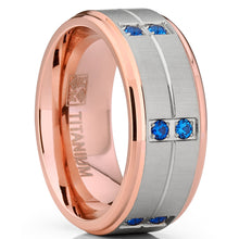 Men's Rose Gold Tone Titanium Wedding Band Ring with Blue Cubic Zirconia Comfort Fit 9mm