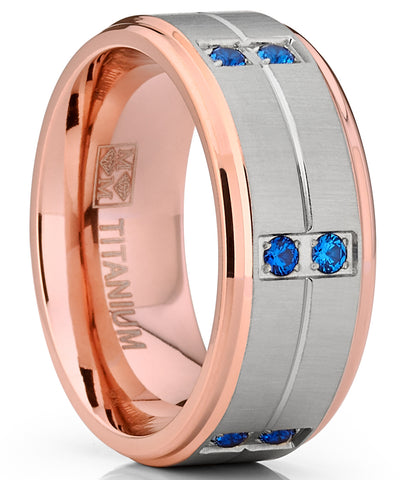 Men's Rose Gold Tone Titanium Wedding Band Ring with Blue Cubic Zirconia Comfort Fit 9mm