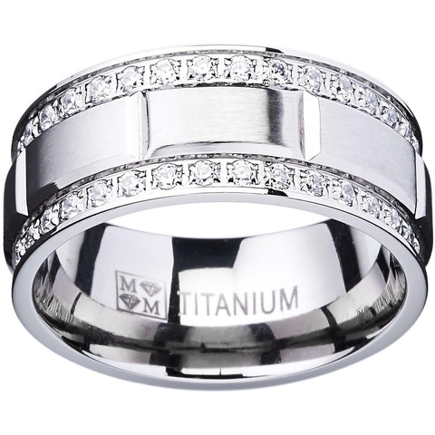 Men's Titanium Wedding Band Ring with Double Row Cubic Zirconia, Comfort Fit Sizes, 9MM  8 to 12