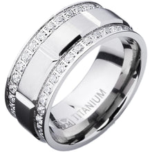 Men's Titanium Wedding Band Ring with Double Row Cubic Zirconia, Comfort Fit Sizes, 9MM  8 to 12