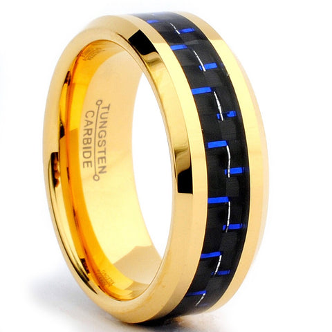 8MM Men's Goldtone Plated Tungsten Carbide Ring Wedding Band W/ Black & Blue Carbon Fiber  Inlay Size 7 to 15