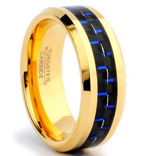 8MM Men's Goldtone Plated Tungsten Carbide Ring Wedding Band W/ Black & Blue Carbon Fiber  Inlay Size 7 to 15