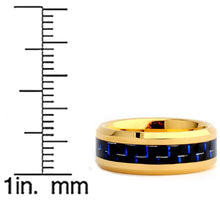 8MM Men's Goldtone Plated Tungsten Carbide Ring Wedding Band W/ Black & Blue Carbon Fiber  Inlay Size 7 to 15