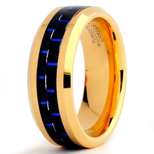 8MM Men's Goldtone Plated Tungsten Carbide Ring Wedding Band W/ Black & Blue Carbon Fiber  Inlay Size 7 to 15