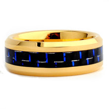 8MM Men's Goldtone Plated Tungsten Carbide Ring Wedding Band W/ Black & Blue Carbon Fiber  Inlay Size 7 to 15