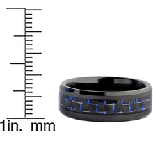 Black Men's Tungsten Carbide Wedding Band With Black and Blue Carbon Fiber Inlay, 8mm Sizes 7 to 13