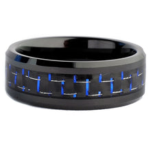 Black Men's Tungsten Carbide Wedding Band With Black and Blue Carbon Fiber Inlay, 8mm Sizes 7 to 13