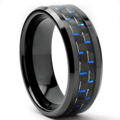 Black Men's Tungsten Carbide Wedding Band With Black and Blue Carbon Fiber Inlay, 8mm Sizes 7 to 13