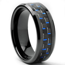 Black Men's Tungsten Carbide Wedding Band With Black and Blue Carbon Fiber Inlay, 8mm Sizes 7 to 13