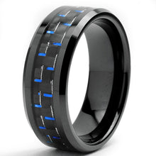 Black Men's Tungsten Carbide Wedding Band With Black and Blue Carbon Fiber Inlay, 8mm Sizes 7 to 13