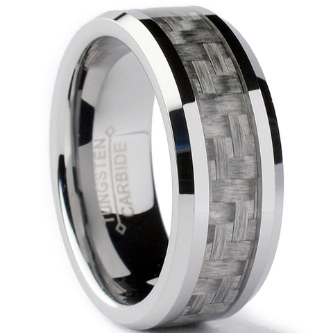 Tungsten Carbide Men's Wedding Band Ring With Gray Carbon Fiber Inlay, 8mm Sizes 7 to 13