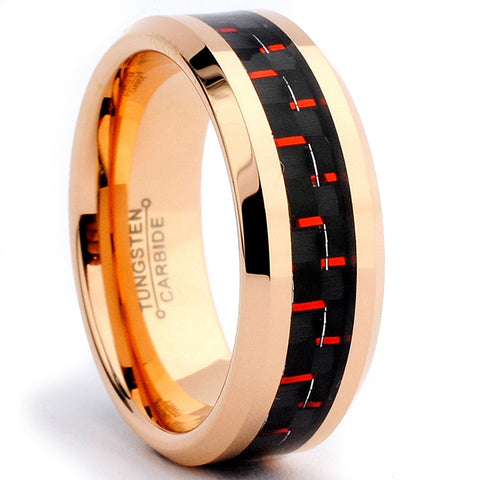 8MM Men's Rose Plated Tungsten Carbide Ring Wedding Band W/ Black & Red Carbon Fiber  Inlay Sizes 7 to 15