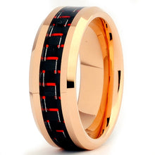 8MM Men's Rose Plated Tungsten Carbide Ring Wedding Band W/ Black & Red Carbon Fiber  Inlay Sizes 7 to 15