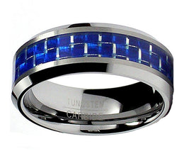 Women's 8MM Flat Top Tungsten Carbide Ring Wedding Blue Carbon Fiber Inlay Sizes 7-13