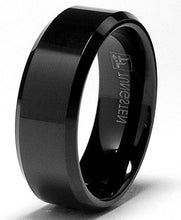 Men's 8MM Black High Polish Beveled Edge Tungsten Carbide Ring sizes 6 to 15