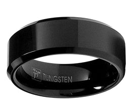 Men's 8MM Black High Polish Beveled Edge Tungsten Carbide Ring sizes 6 to 15