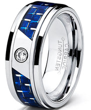 8MM Men's Tungsten Carbide Ring W/ Blue Carbon Fiber Inaly and CZ