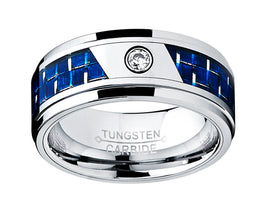 8MM Men's Tungsten Carbide Ring W/ Blue Carbon Fiber Inaly and CZ