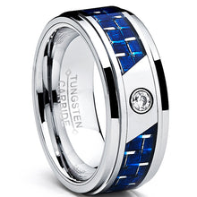 8MM Men's Tungsten Carbide Ring W/ Blue Carbon Fiber Inaly and CZ