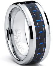 8MM Men's Tungsten Carbide Ring W/ BLACK & BLUE Carbon Fiber Inlay Sizes 5 to 15
