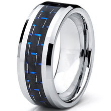 8MM Men's Tungsten Carbide Ring W/ BLACK & BLUE Carbon Fiber Inlay Sizes 5 to 15